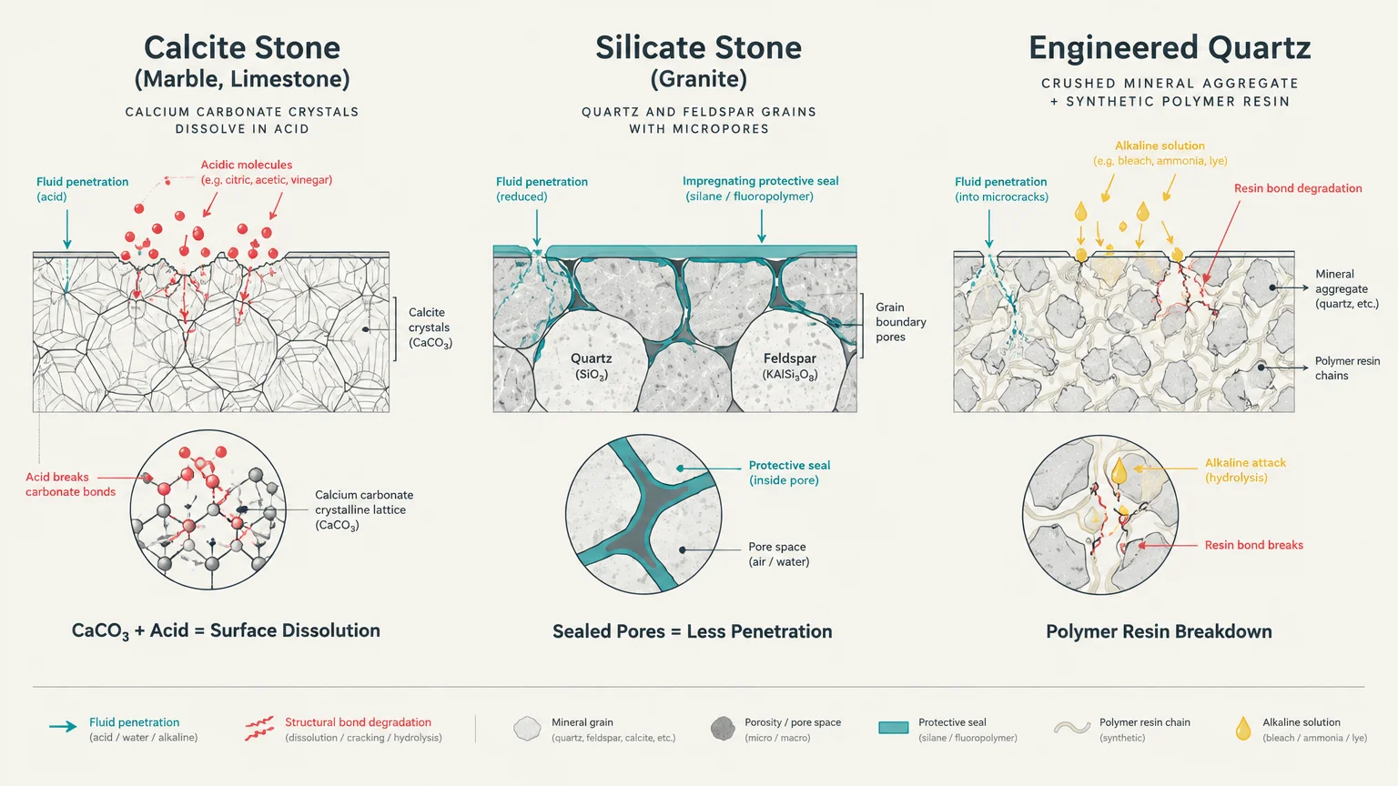 Diagram showing chemical and fluid reactions across calcite stone, silicate stone, and engineered quartz surfaces.