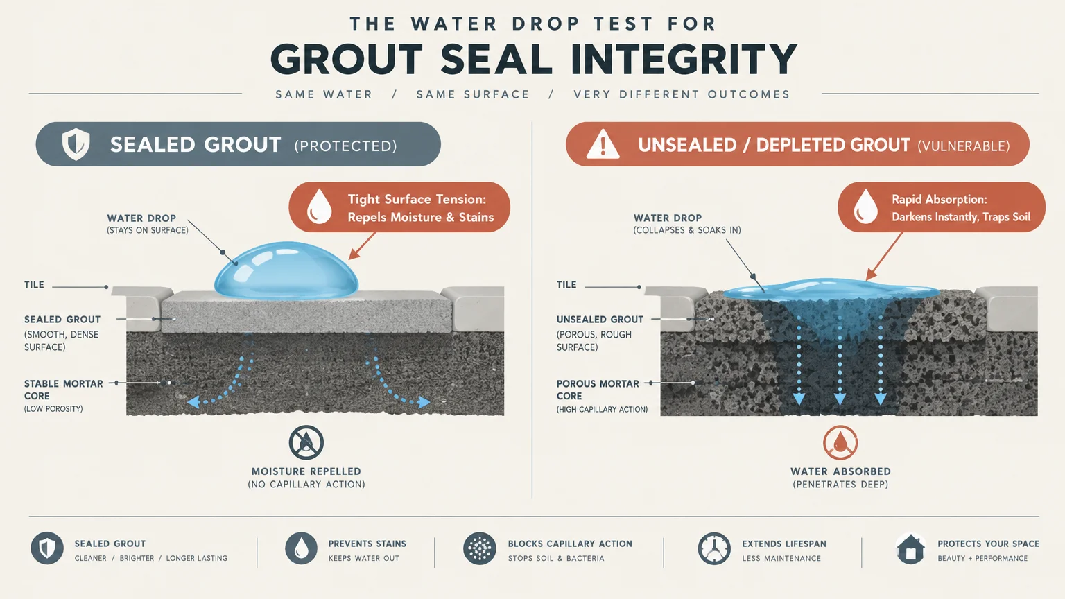 Diagram comparing water drop tests on sealed grout repelling moisture versus unsealed grout absorbing liquid deeply.