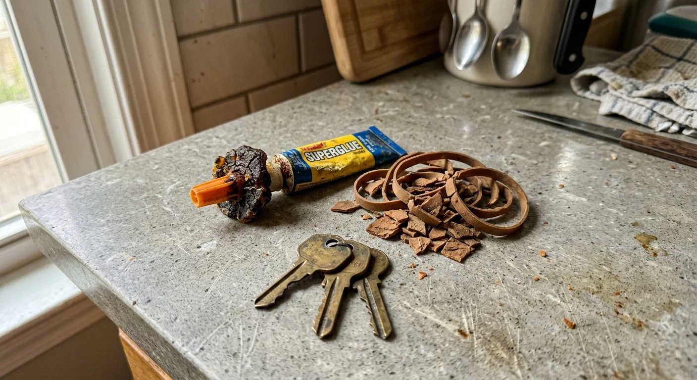 A crusted tube of super glue, broken rubber bands, and three brass keys sit on a speckled countertop.