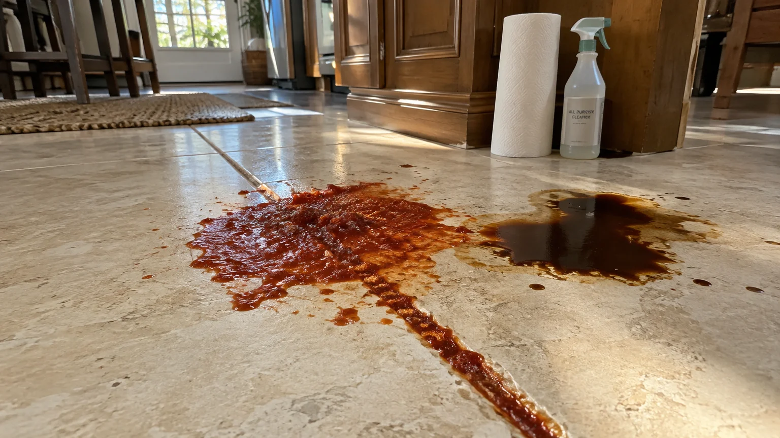 Tomato sauce and coffee spilled on a tiled kitchen floor next to paper towels and a spray bottle of cleaner.