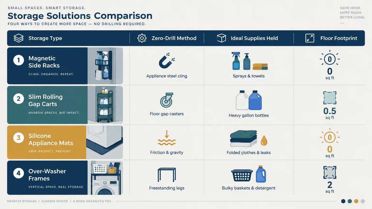 Storage Solutions Comparison chart comparing four products by zero-drill method, supplies held, and floor footprint.