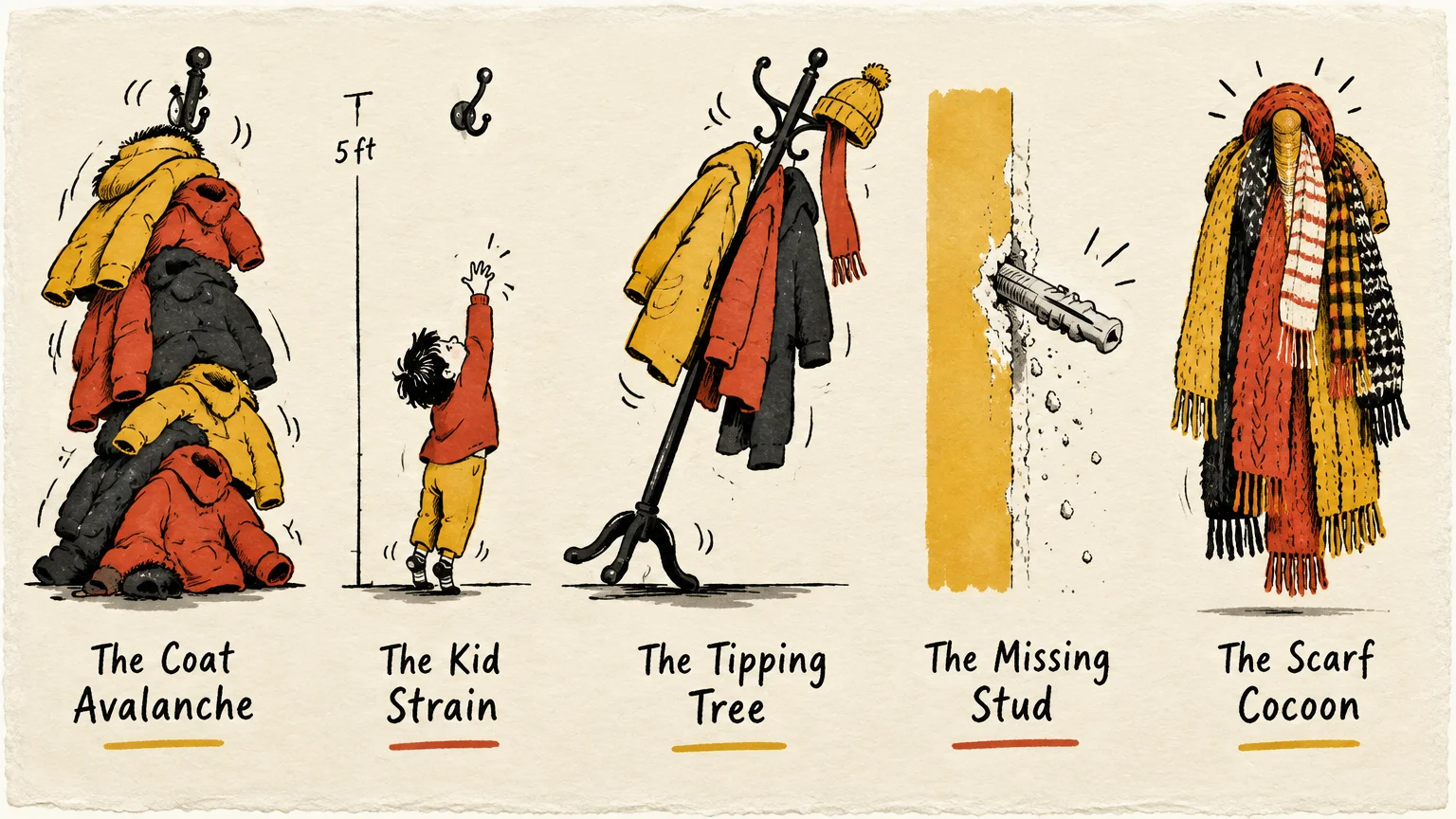 Five illustrated coat storage mistakes: an overflowing rack, a child reaching high, a tipping rack, a loose anchor, and scarves.
