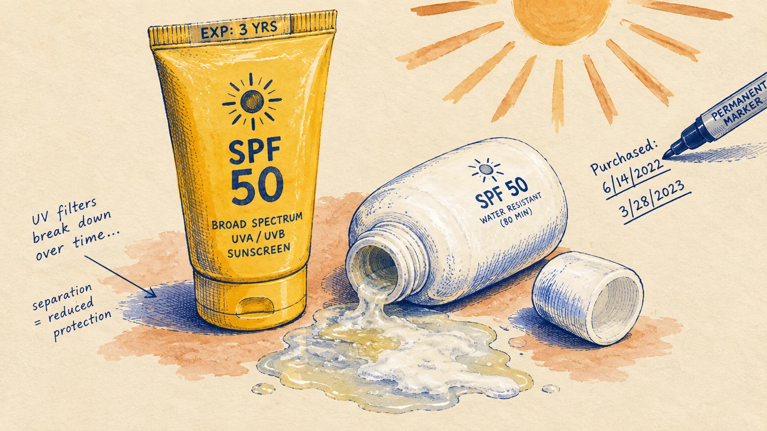 Illustration of sunscreen bottles, one spilling separated lotion, with purchase dates noted by a marker.