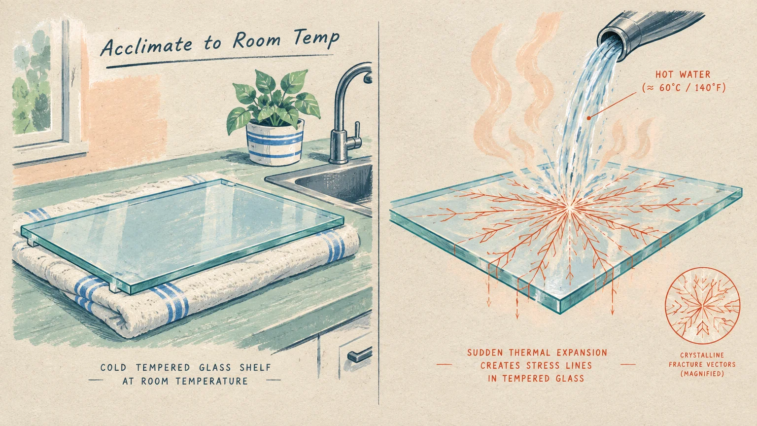 Diagram comparing a tempered glass shelf resting on a towel to hot water pouring onto glass, causing stress lines.