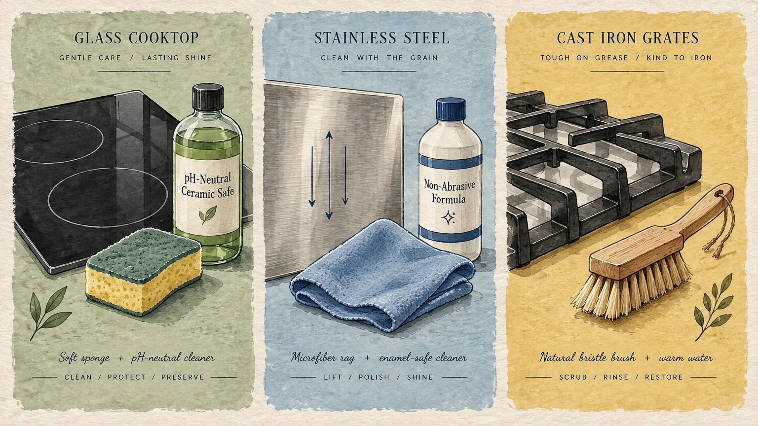 Three-panel guide showing cleaning supplies for a glass cooktop, stainless steel surface, and cast iron grates.