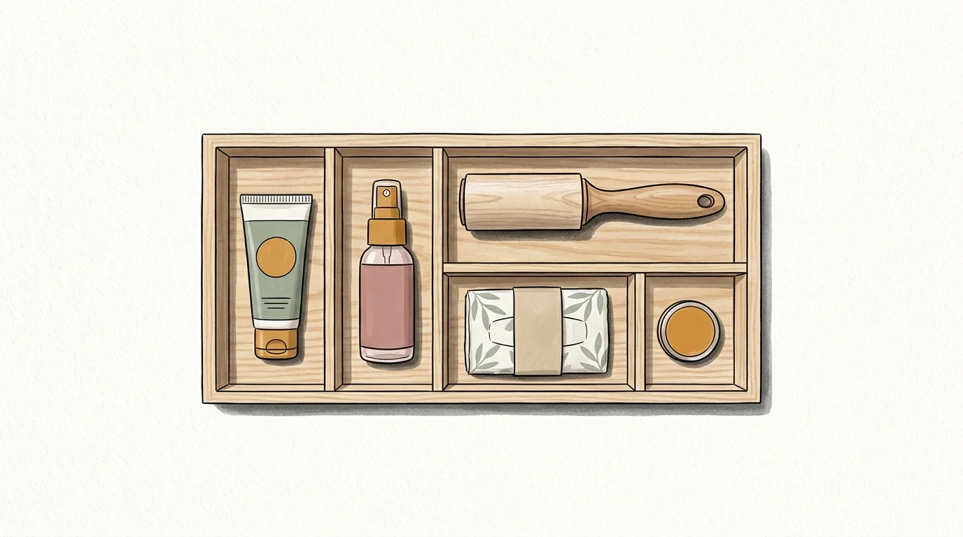 Illustration of a wooden compartment tray holding a lotion tube, spray bottle, lint roller, wipes, and a small round tin.
