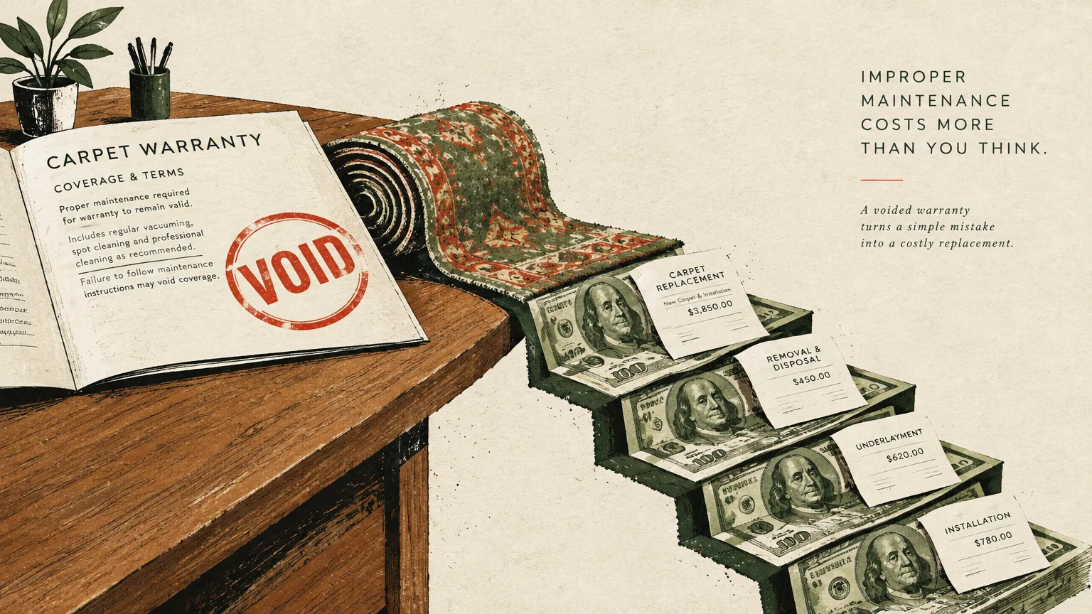 Illustration of a voided carpet warranty on a desk next to carpeted stairs made of hundred-dollar bills showing replacement fees.