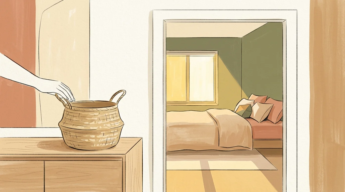Hand placing a woven basket on a wooden dresser beside an open doorway looking into a tidy, sunlit bedroom.