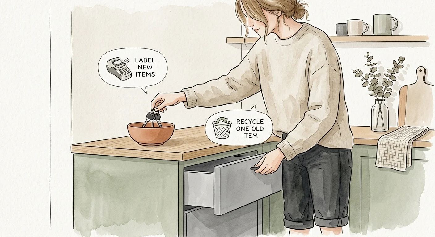 Illustration of a woman placing keys into a bowl on a kitchen counter while opening a drawer.