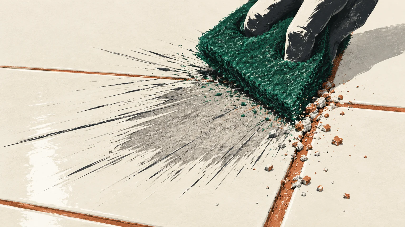 Illustration of a hand aggressively scrubbing tile with a green abrasive pad, scratching the surface and crumbling grout.