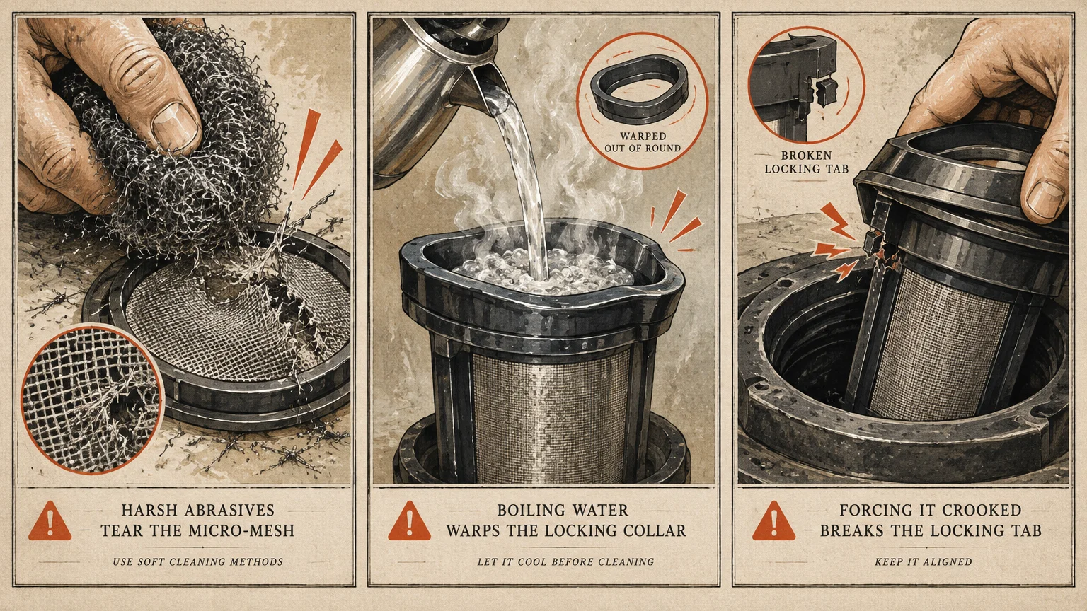 Three-panel illustration showing dishwasher filter damage from abrasive scrubbers, boiling water, and forced alignment.