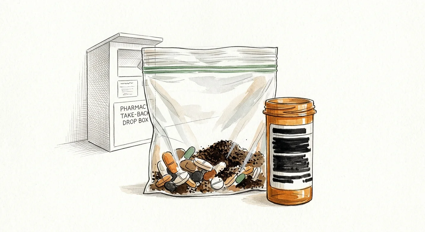 Illustration of pills mixed with coffee grounds in a plastic bag next to an empty prescription bottle and a take-back drop box.
