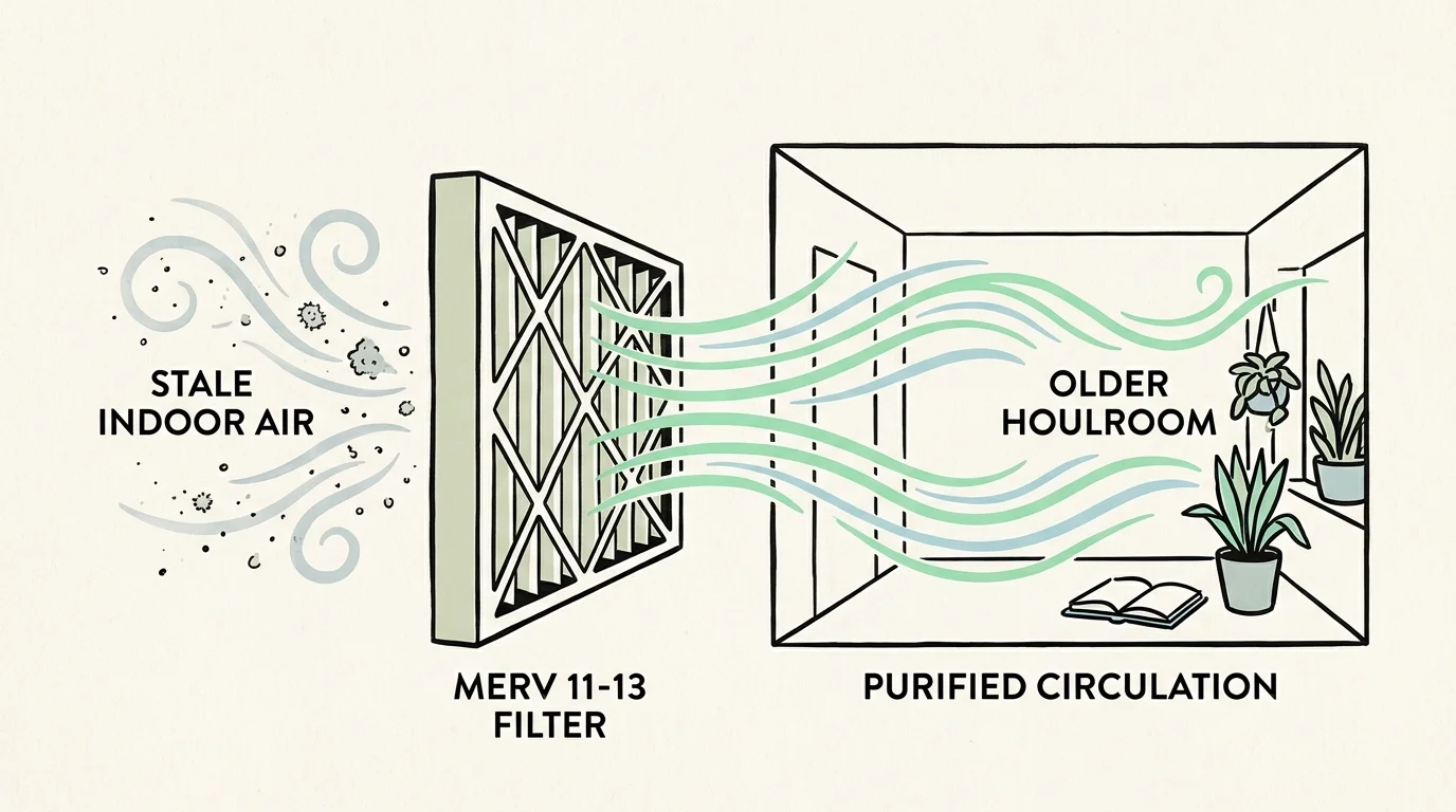 Diagram showing stale air passing through a MERV filter to circulate clean airflow into a room with potted plants.