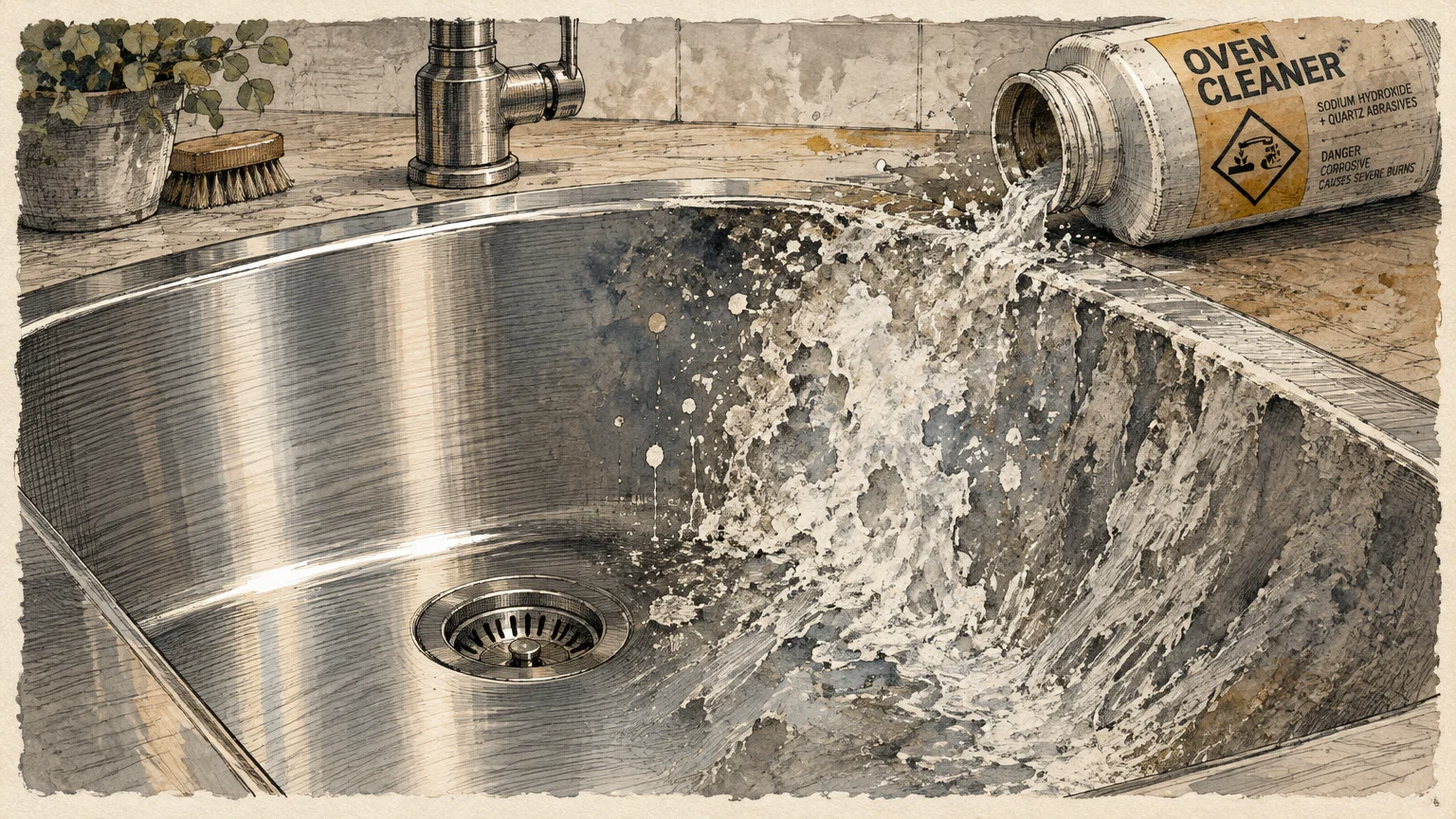 Illustration of a bottle of oven cleaner spilling foaming chemical liquid down into a stainless steel sink basin.