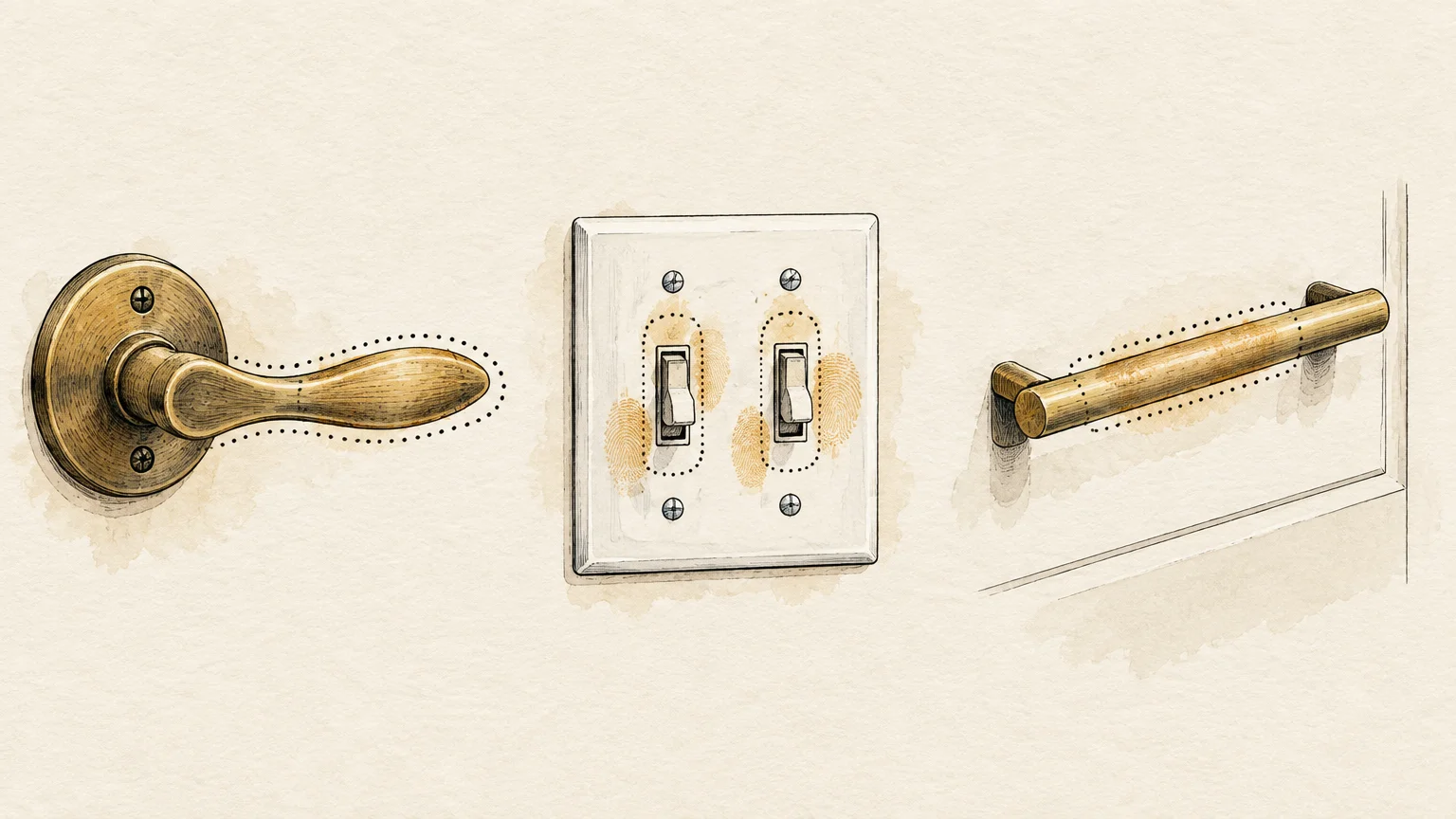 Illustration of a brass door handle, a double light switch with greasy fingerprints, and a cabinet pull handle.