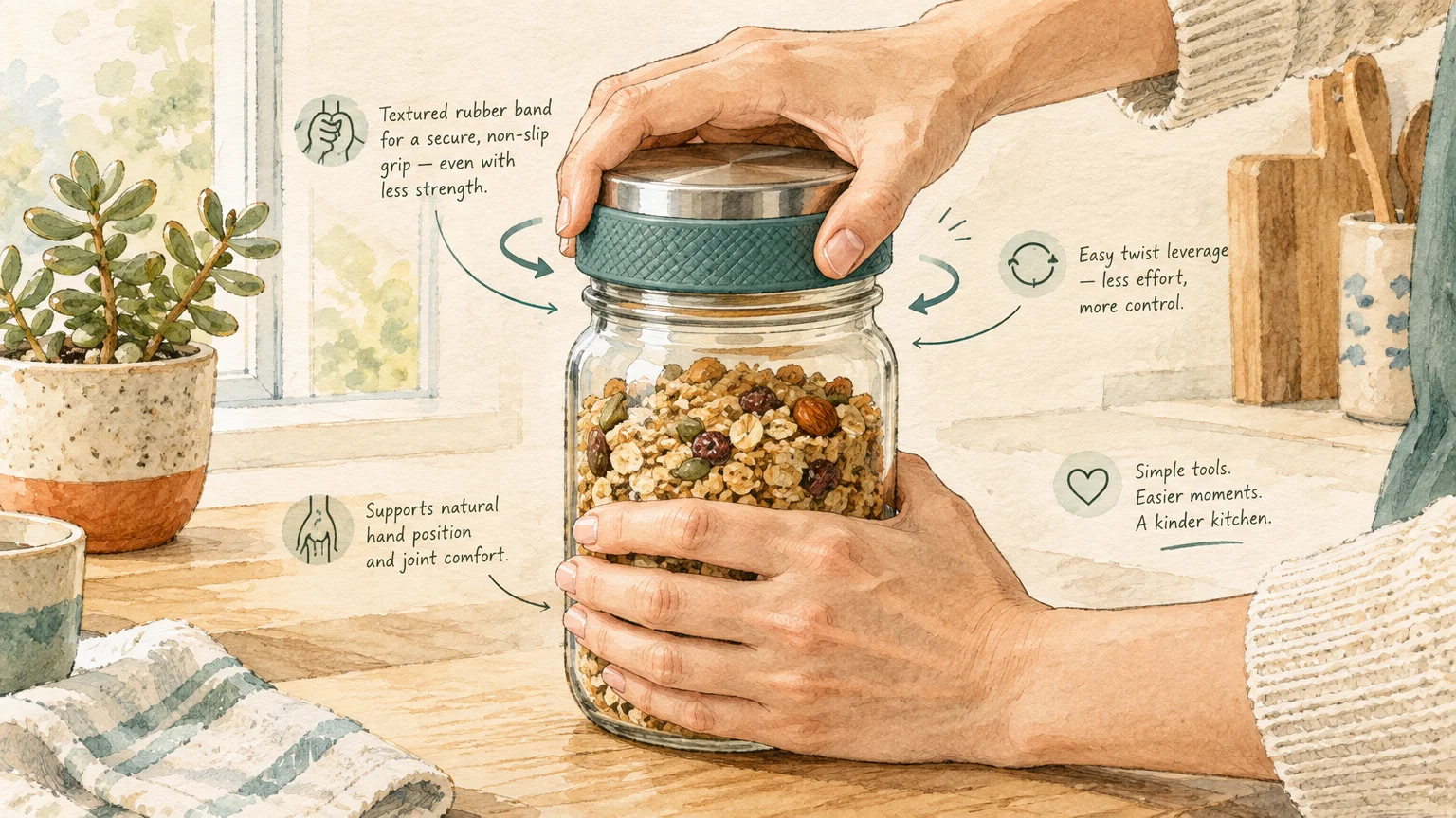 Illustration of hands twisting open a glass jar using a wide green textured rubber band wrapped around the lid.