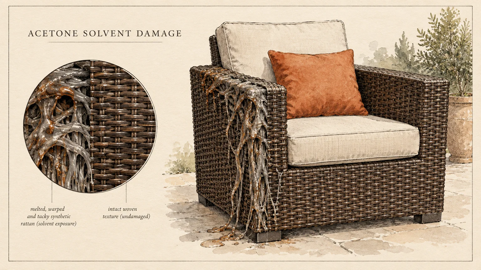 Illustration of outdoor wicker armchair with melted armrest and inset comparing damaged and intact synthetic rattan.