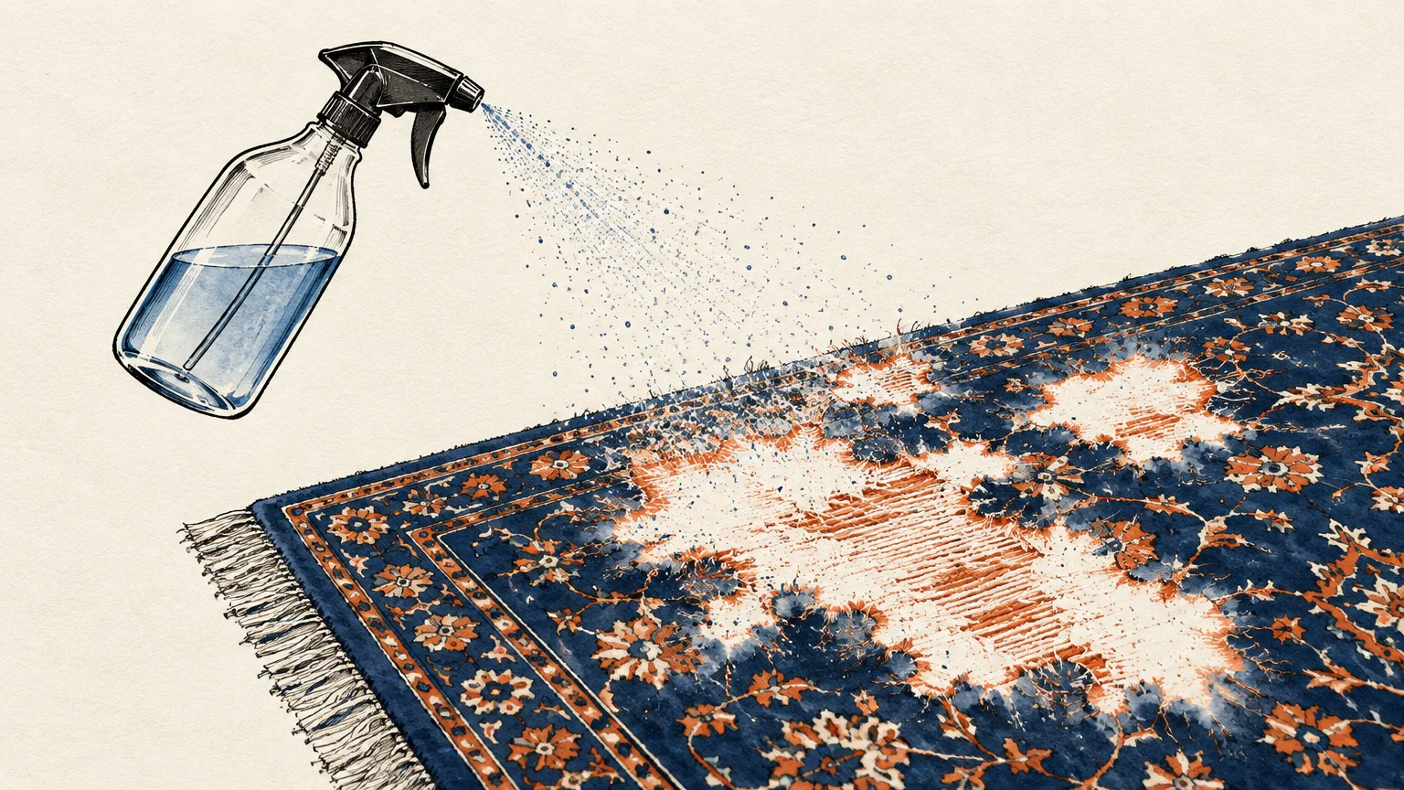 Illustration of a spray bottle misting liquid onto an ornate blue and orange rug, leaving large bleached white patches.