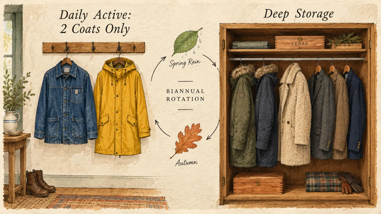 Illustration of two jackets on a wall rack next to a wardrobe holding heavy winter coats for seasonal rotation.