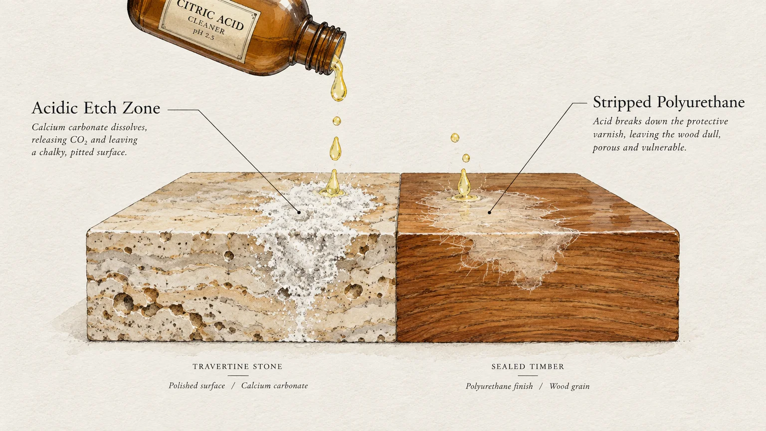 Illustration of acid dripping from a bottle onto blocks of travertine stone and sealed timber, showing surface damage.