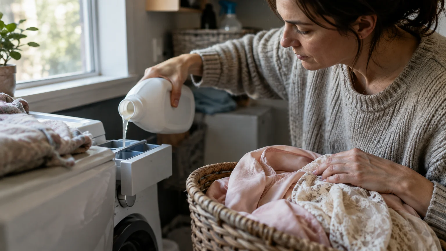 A woman pours liquid detergent into a washing machine drawer next to a basket filled with delicate pink clothing.