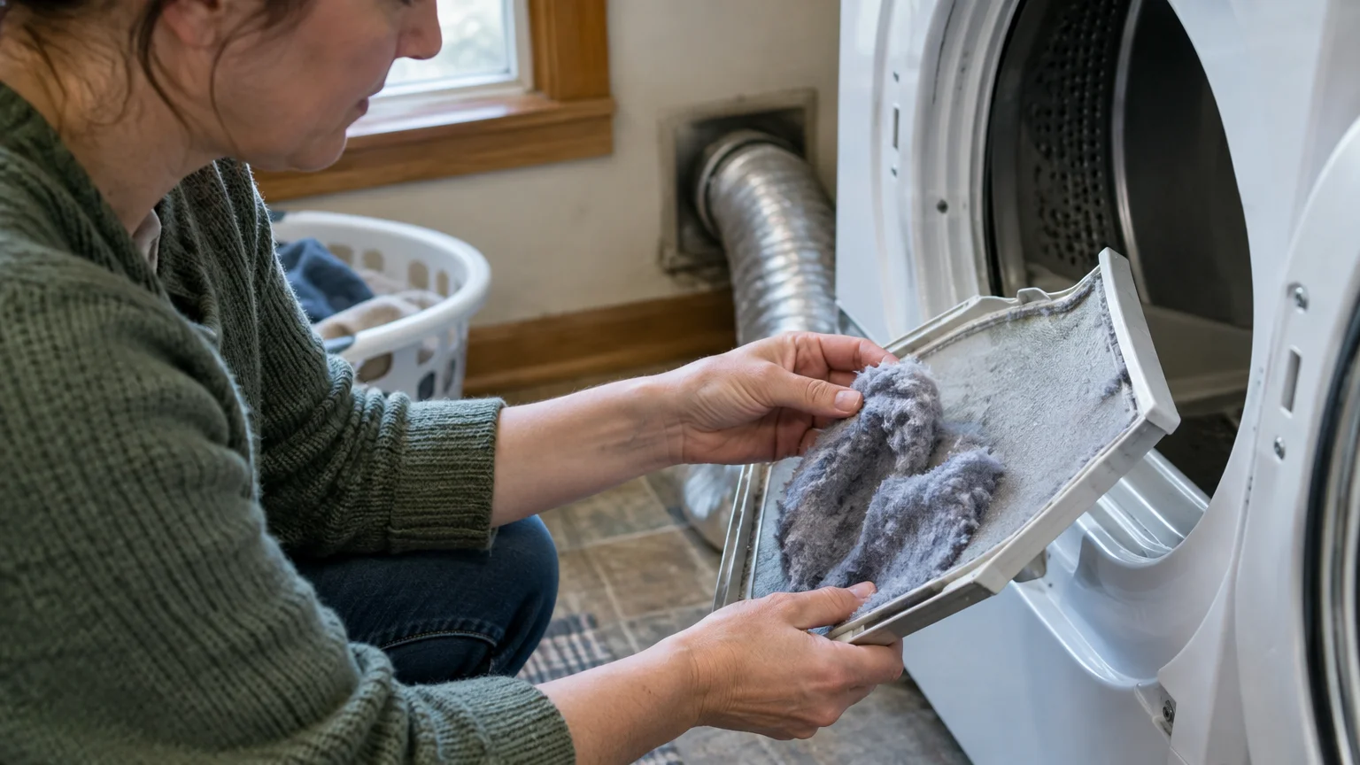 A woman peels a thick layer of grey lint off a white dryer filter screen next to an open front-load dryer.