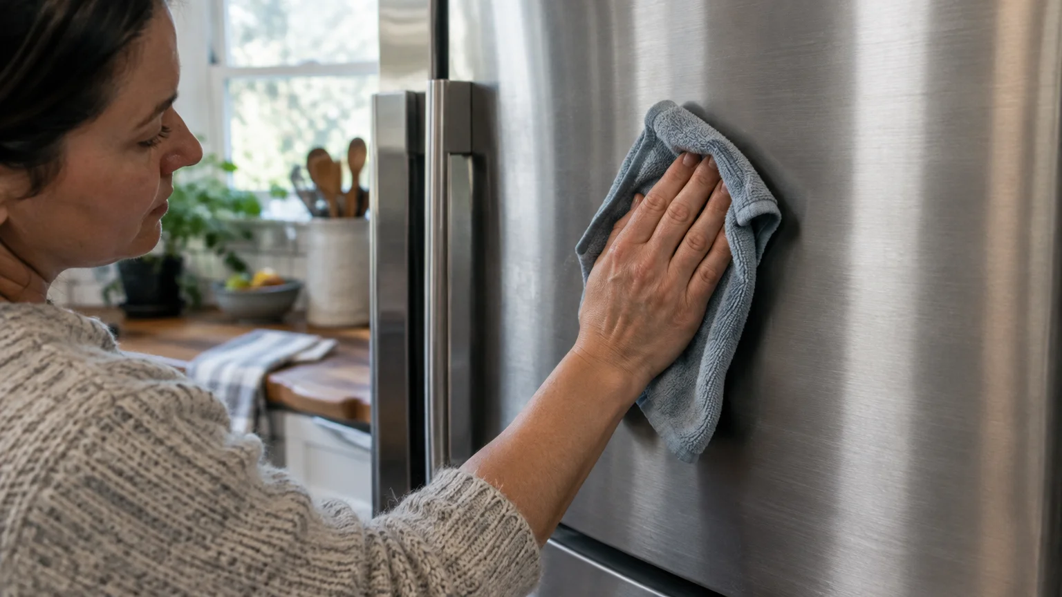 A person wipes a stainless steel refrigerator door using a light blue microfiber cloth.