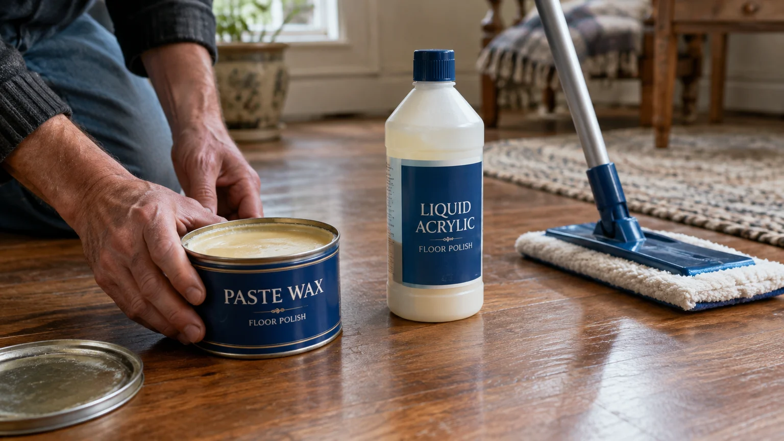 A person kneeling on a wood floor next to an open tin of paste wax, liquid acrylic polish bottle, and a floor mop.