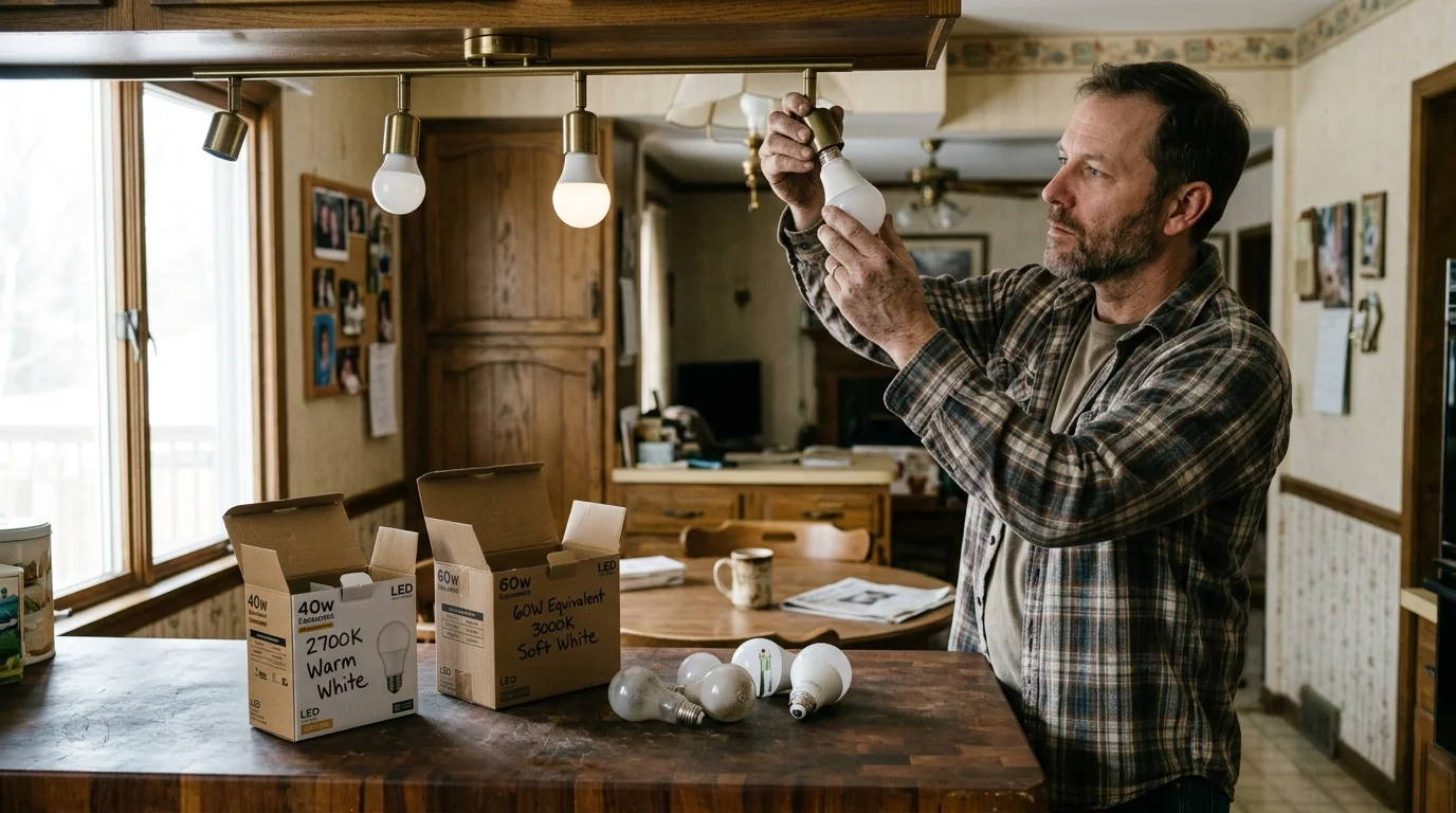A man screws an LED light bulb into an overhead track fixture near cardboard packaging boxes on a counter.