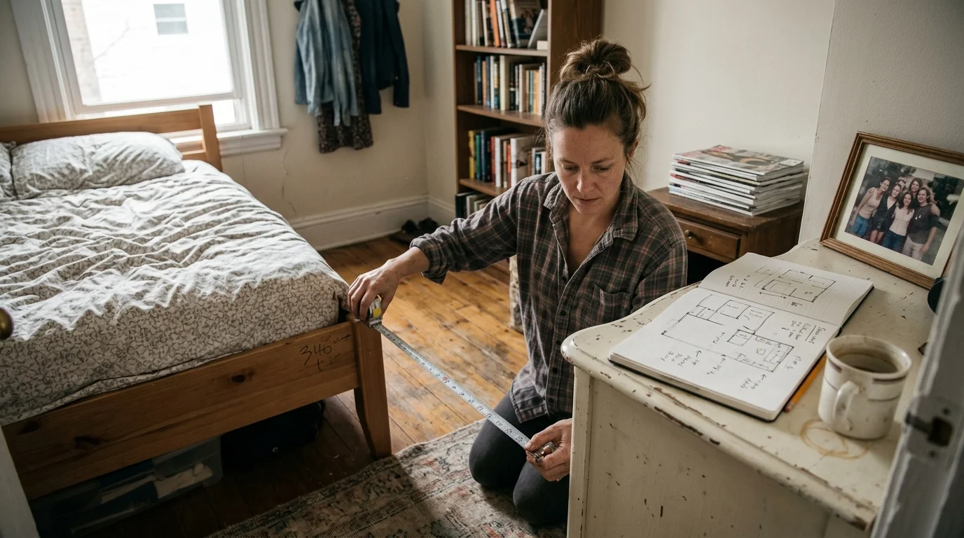 A woman kneels on a bedroom floor using a tape measure between a wooden bed frame and a dresser.