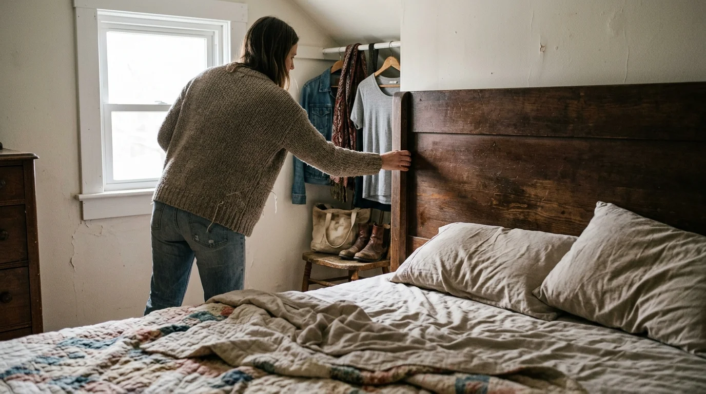 A woman looks behind a tall wooden headboard toward clothes hanging on a rack by a bedroom window.