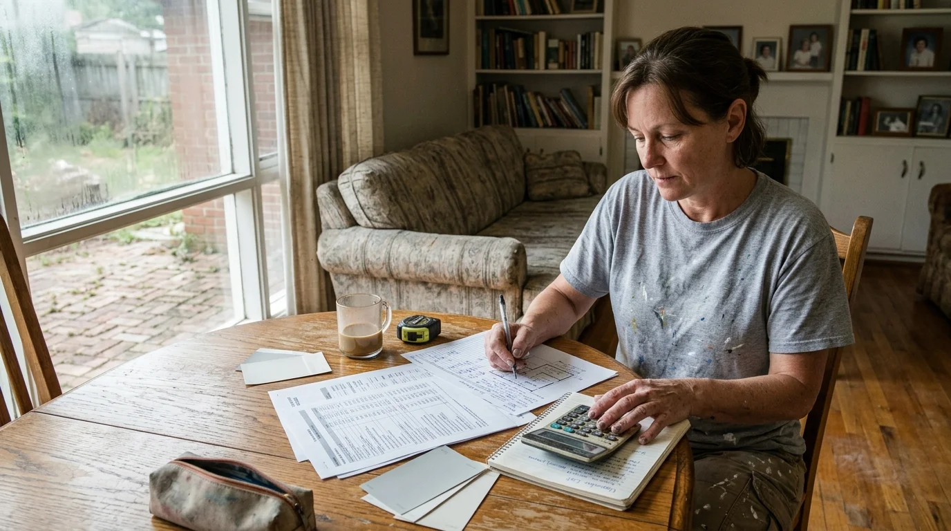 A woman sits at a wooden table using a calculator and pen to review budget papers and paint swatches.