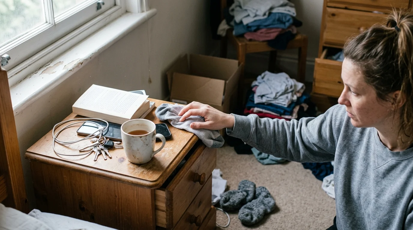 A woman rests her hand on a cluttered wooden nightstand holding a mug, keys, book, and cords in a messy bedroom.