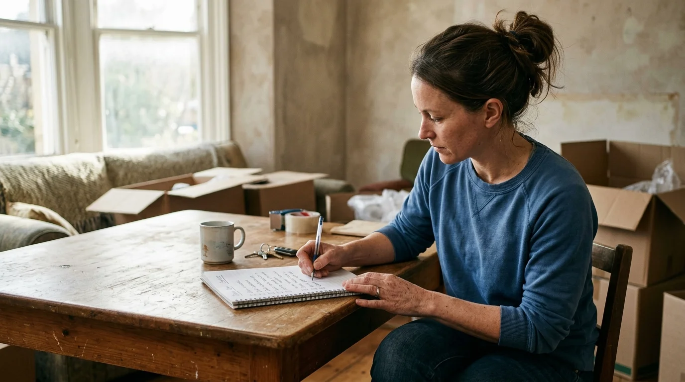 A woman sitting at a wooden table writes in a spiral notebook, surrounded by open cardboard moving boxes.