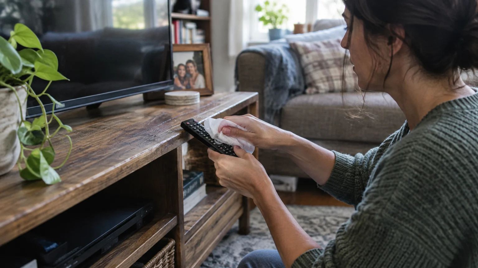 A woman cleans a black television remote control with a white wipe in a living room.