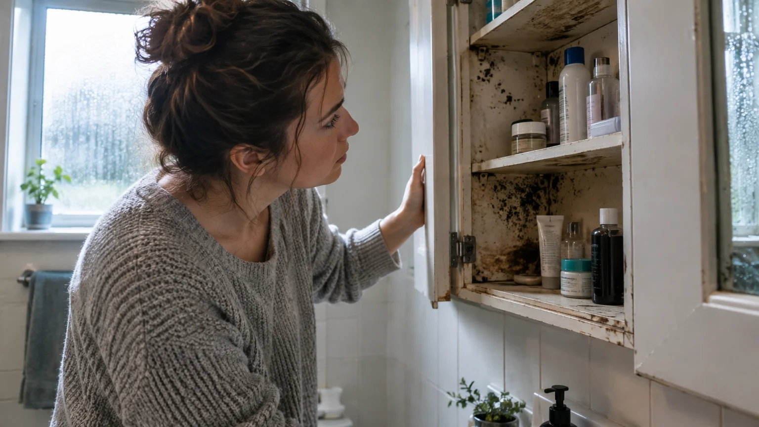 A woman looks inside a rusted medicine cabinet containing toiletries and dark mold patches on the interior wall.