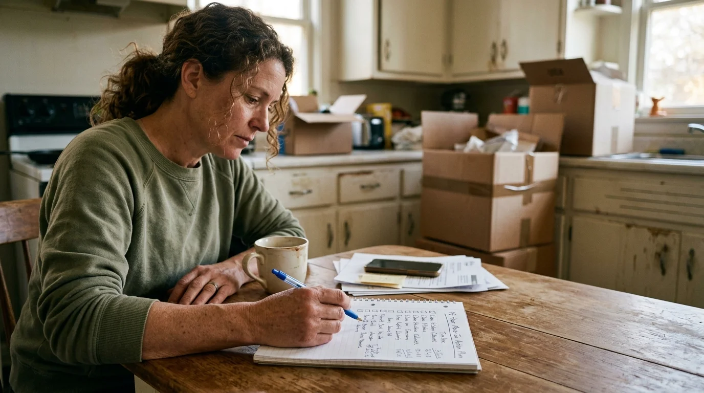 A woman sits at a wooden table writing in a notepad, surrounded by unpacked cardboard boxes in an older kitchen.
