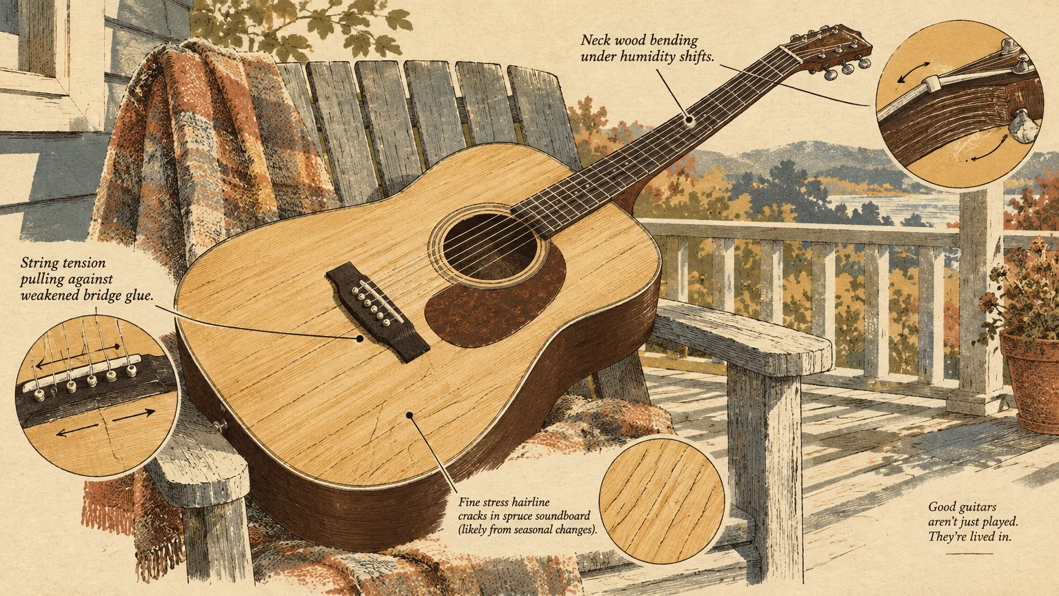 Illustration of an acoustic guitar resting on a wooden porch chair, with callout diagrams detailing wood and glue damage.