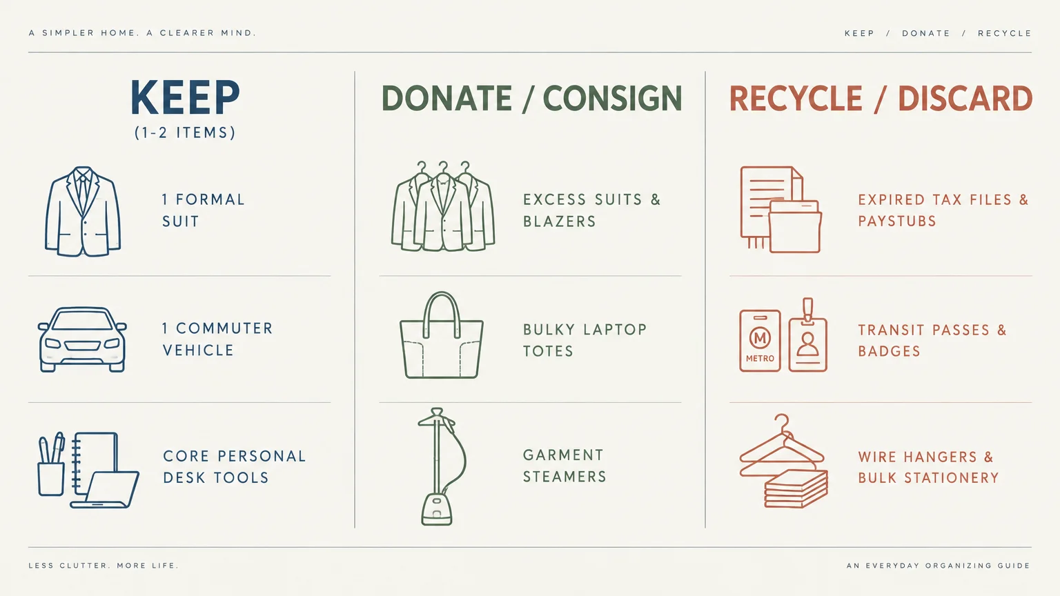 Chart organizing work items into three columns: Keep, Donate or Consign, and Recycle or Discard with line icons.