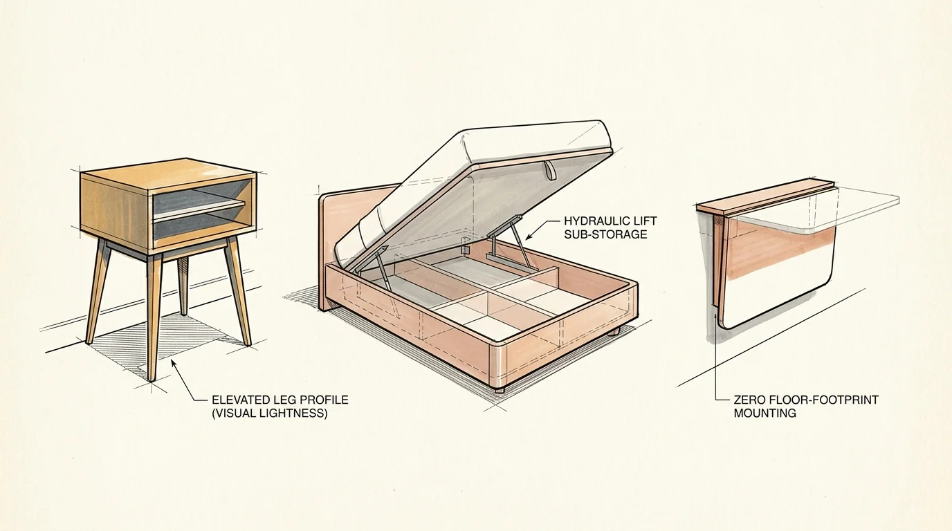 Sketches of a nightstand on tall legs, a lift-up storage bed, and a wall-mounted fold-down desk with labels.
