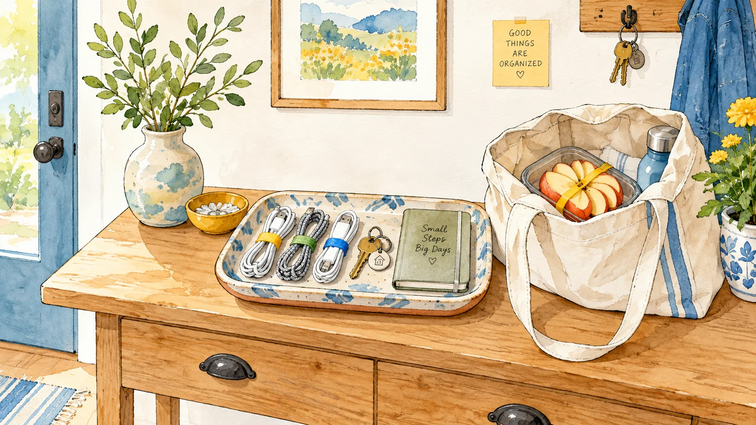 Watercolor illustration of an entryway table with bundled cords in a tray, a tote bag with sliced apples, and plants.