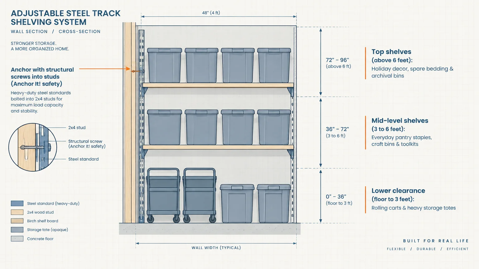 Technical cross-section diagram of an adjustable steel track shelving system mounted to wall studs above floor storage.