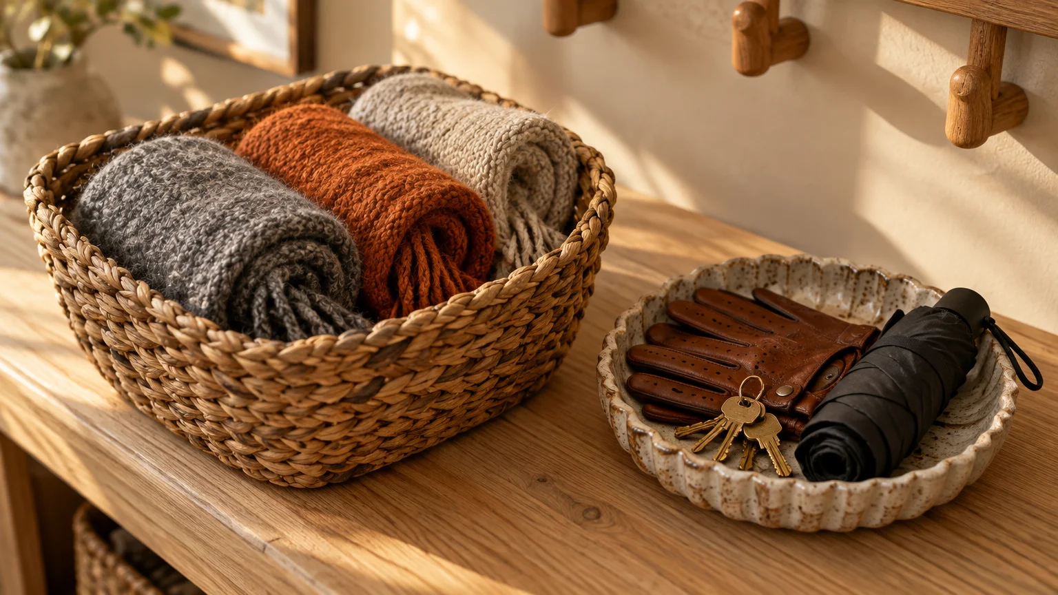 A woven basket holding rolled knit scarves beside a ceramic tray with leather gloves, keys, and an umbrella on a wood table.