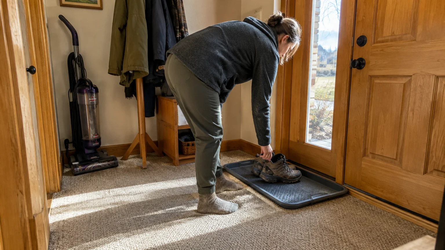 A person setting muddy boots onto a black boot tray by a front entryway door near an upright vacuum.