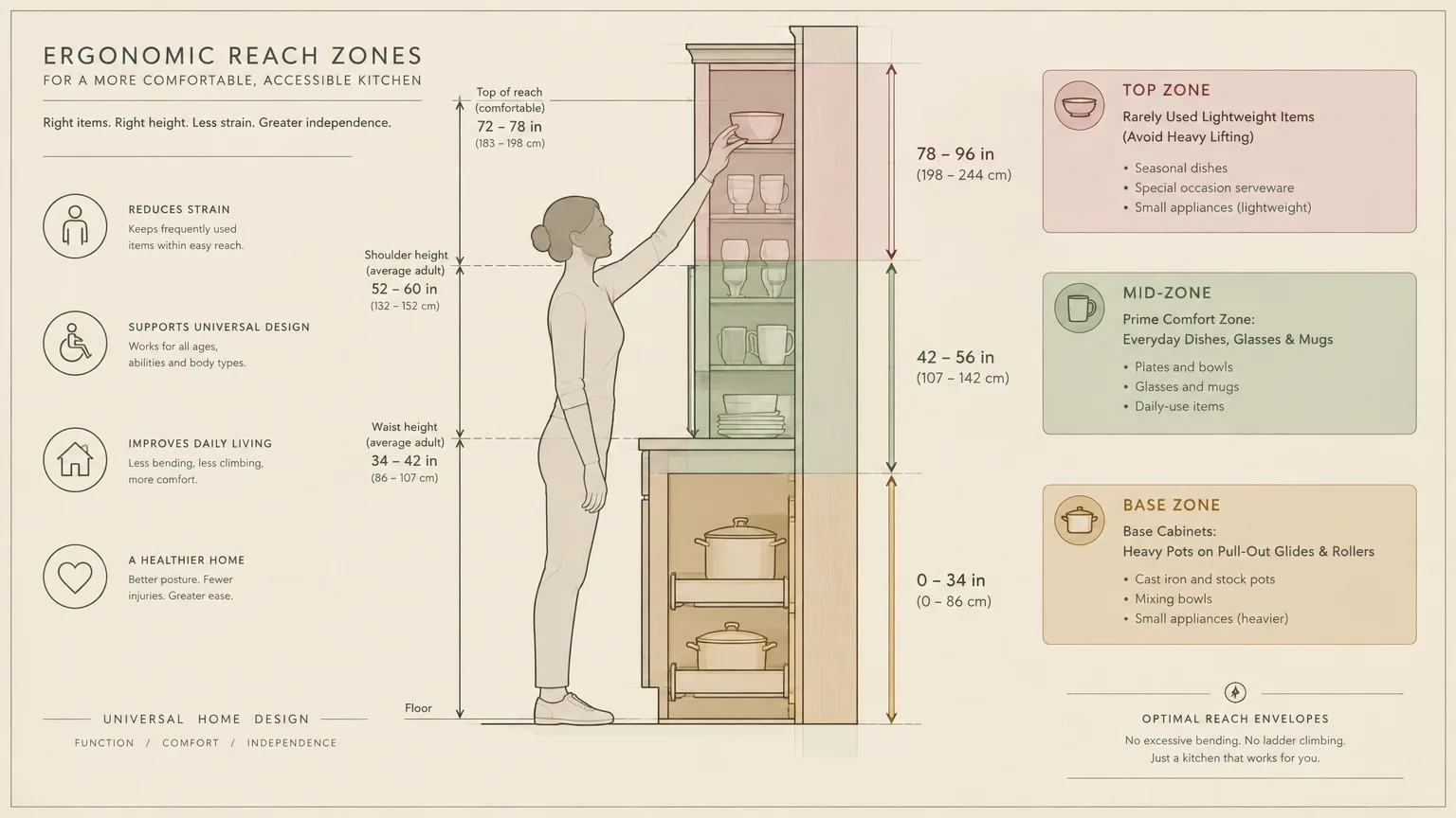 Diagram illustrating kitchen reach zones alongside a woman standing next to cabinets with pull-out drawers and shelving.