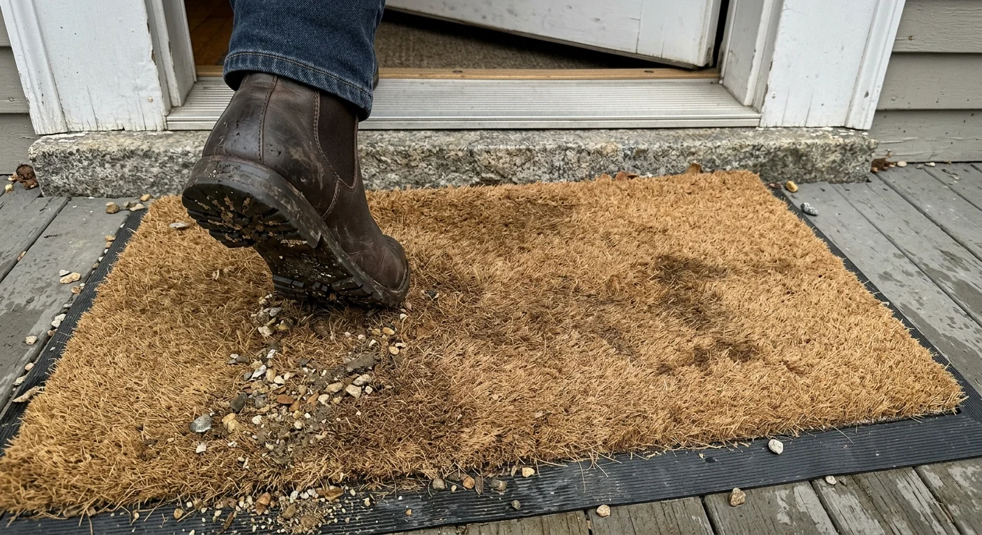 A person wearing a brown leather boot wipes gravel and dirt onto a coir doormat outside an open doorway.