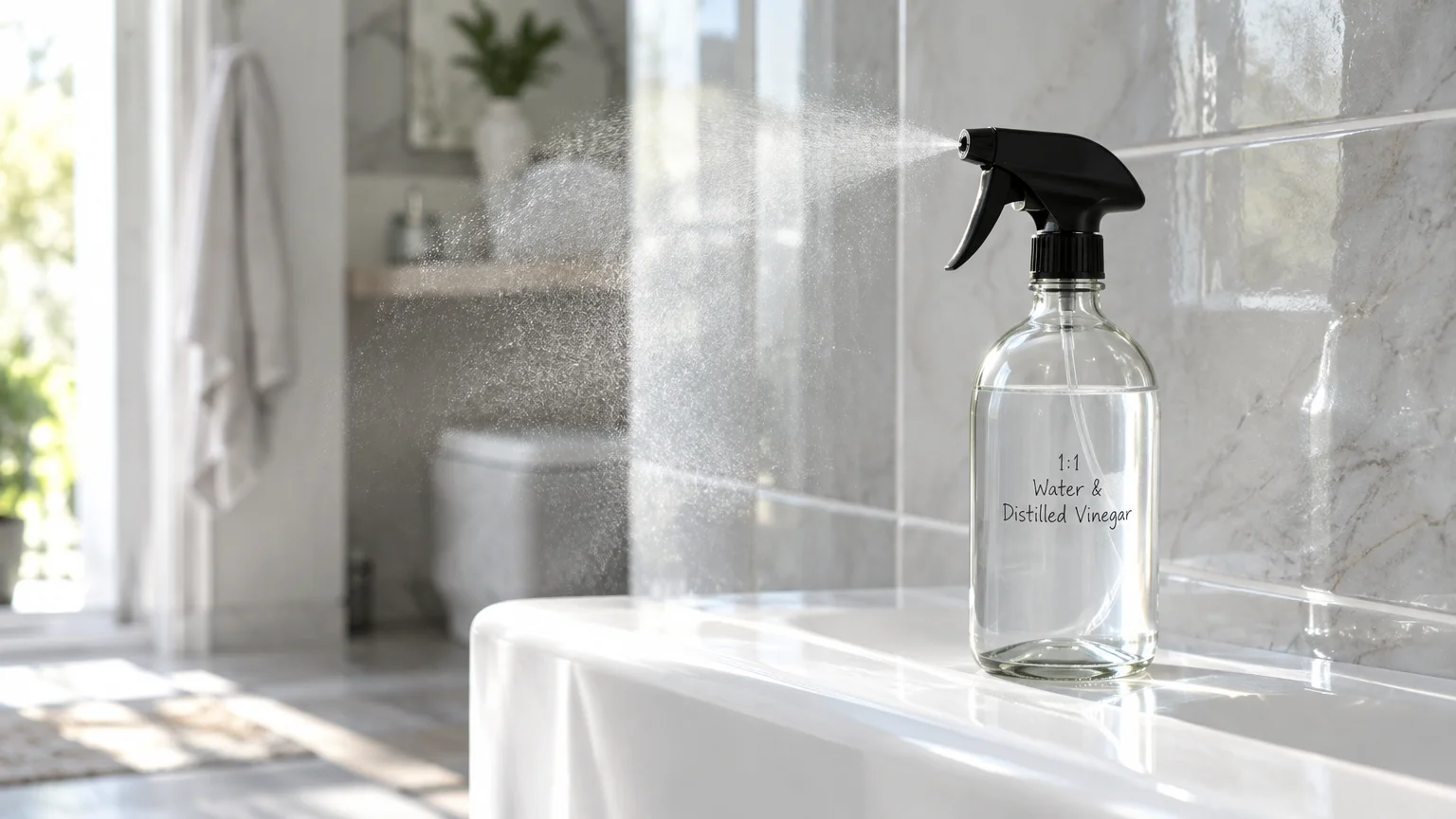 A glass spray bottle labeled water and distilled vinegar sprays a fine mist along the edge of a white bathtub.