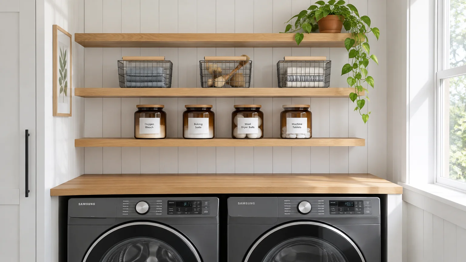 Wooden open shelves above black front-load laundry appliances holding labeled amber glass jars, wire baskets, and a potted plant.