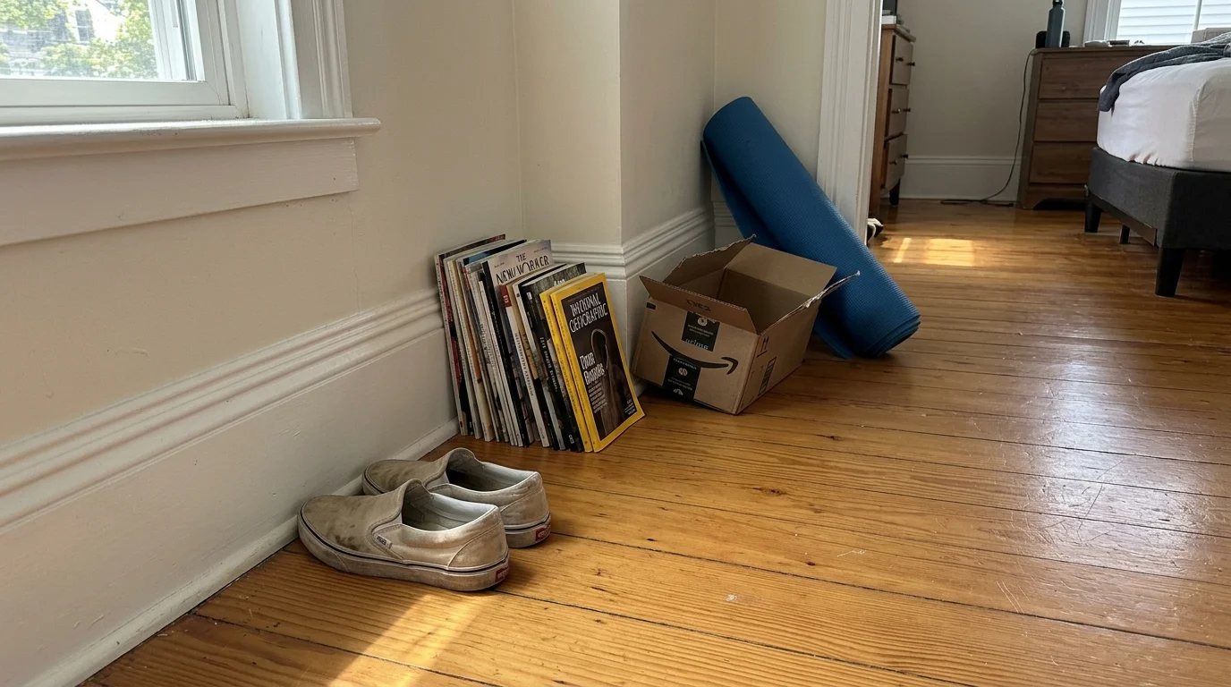 Shoes, stacked magazines, an open cardboard box, and a rolled yoga mat line the baseboard along a wooden bedroom floor.