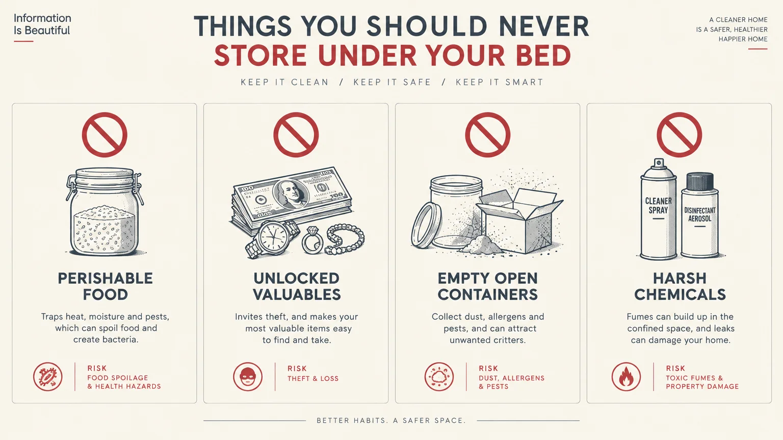 Infographic detailing items to never store under a bed, including food, valuables, open containers, and harsh chemicals.